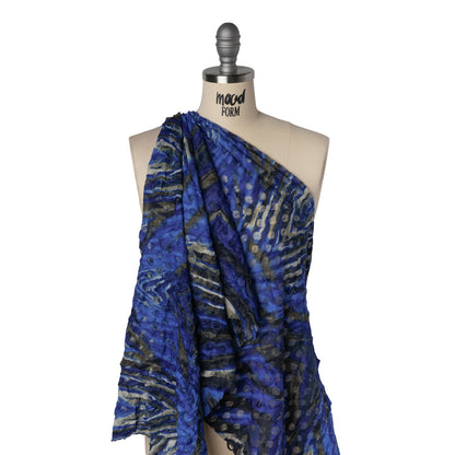 Stretch Polyester Lace Print - Black, White and Cobalt Blue Tiger Stripes on Polka Dots