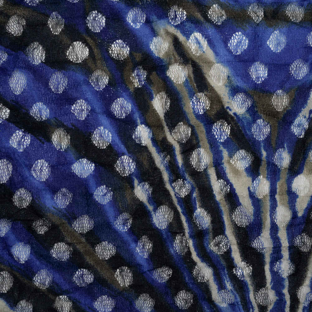Stretch Polyester Lace Print - Black, White and Cobalt Blue Tiger Stripes on Polka Dots