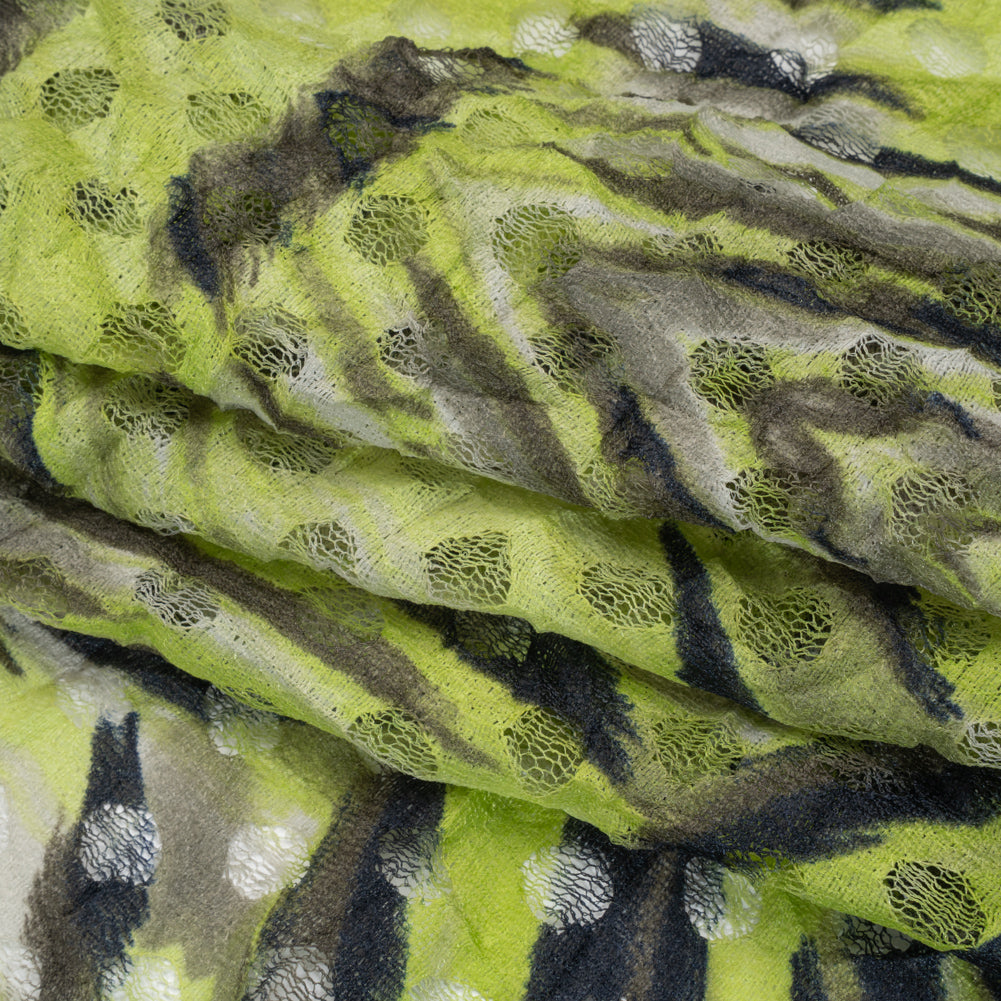 Stretch Polyester Lace Print - Black, White and Lime Green Tiger Stripes on Polka Dots - Folded