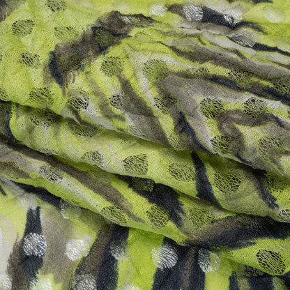 Stretch Polyester Lace Print - Black, White and Lime Green Tiger Stripes on Polka Dots