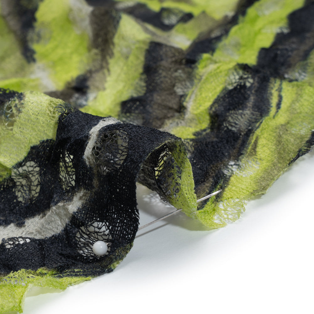 Stretch Polyester Lace Print - Black, White and Lime Green Tiger Stripes on Polka Dots - Detail