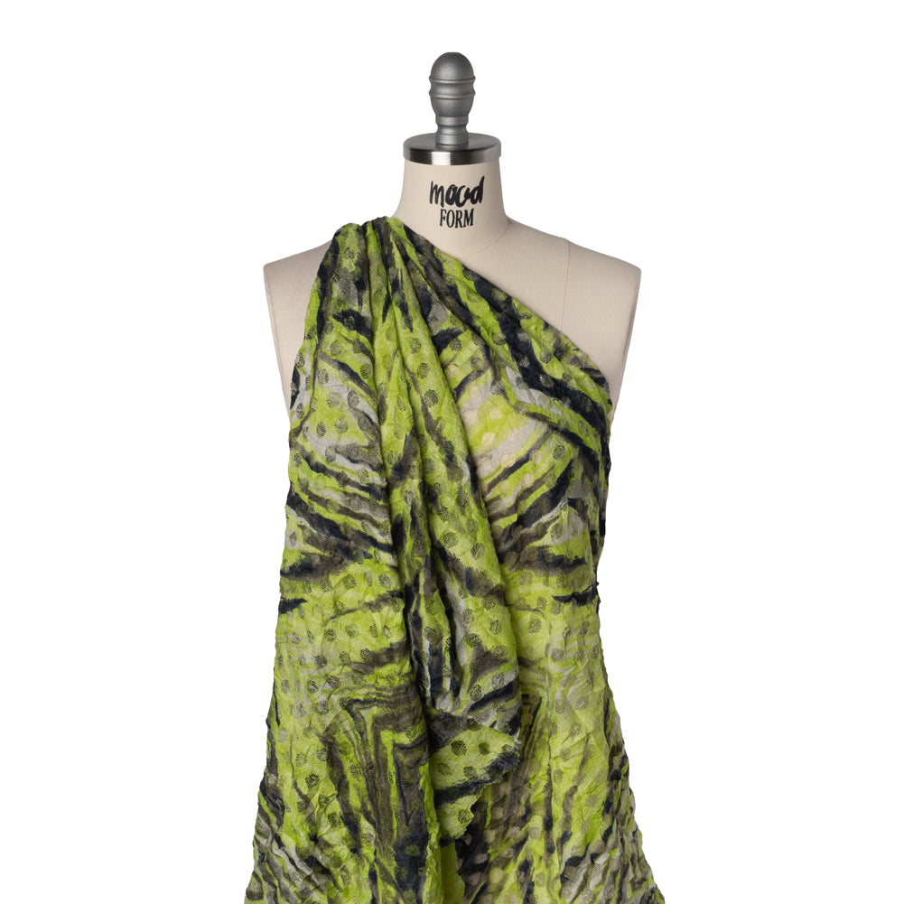 Stretch Polyester Lace Print - Black, White and Lime Green Tiger Stripes on Polka Dots - Drape