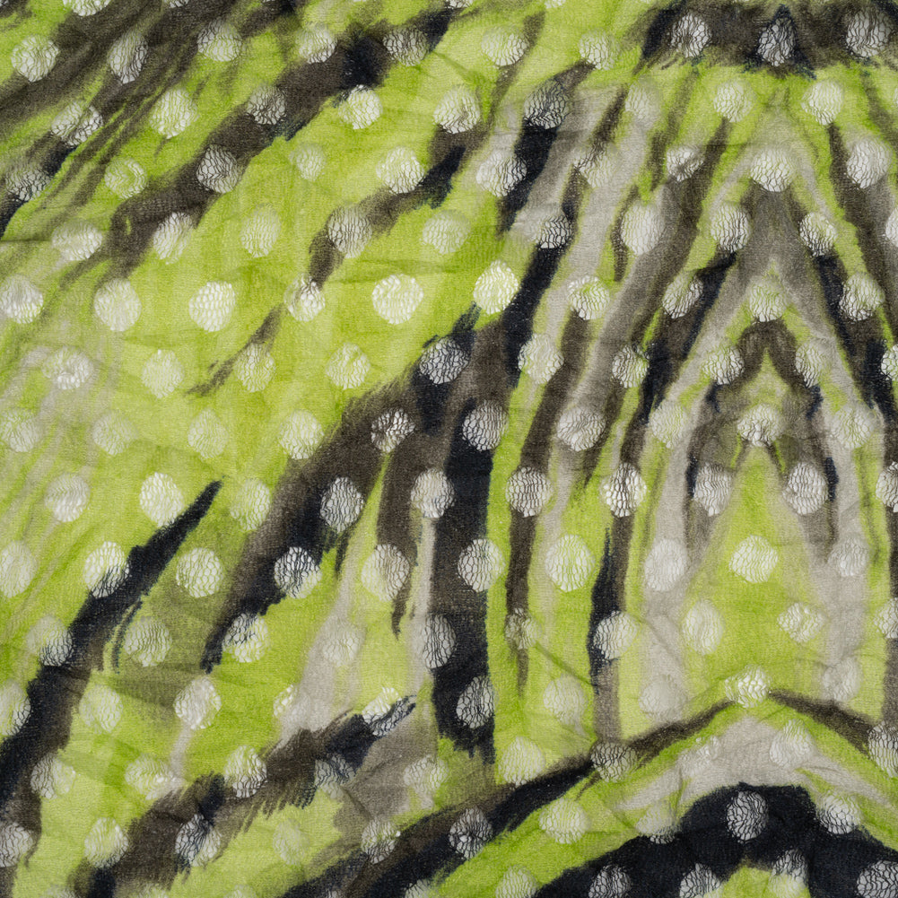 Stretch Polyester Lace Print - Black, White and Lime Green Tiger Stripes on Polka Dots