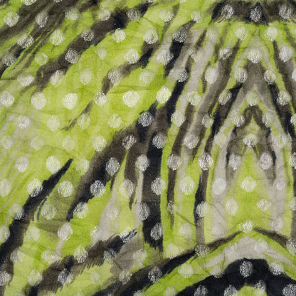 Stretch Polyester Lace Print - Black, White and Lime Green Tiger Stripes on Polka Dots