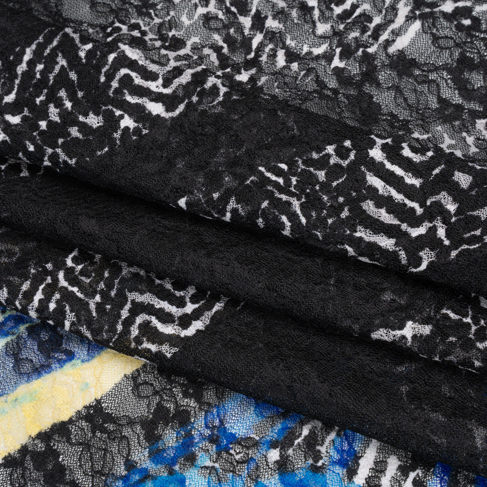 Stretch Polyester Lace Print - Black, White and Bright Blue Abstract Border and Stripes on Floral - Folded