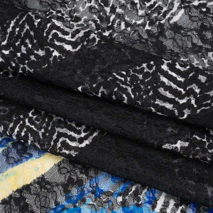 Stretch Polyester Lace Print - Black, White and Bright Blue Abstract Border and Stripes on Floral
