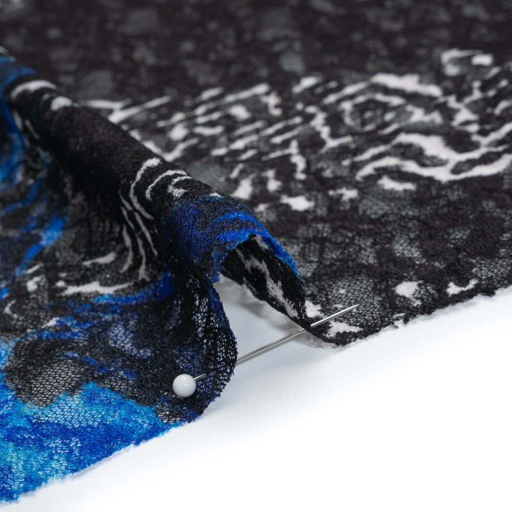 Stretch Polyester Lace Print - Black, White and Bright Blue Abstract Border and Stripes on Floral - Detail