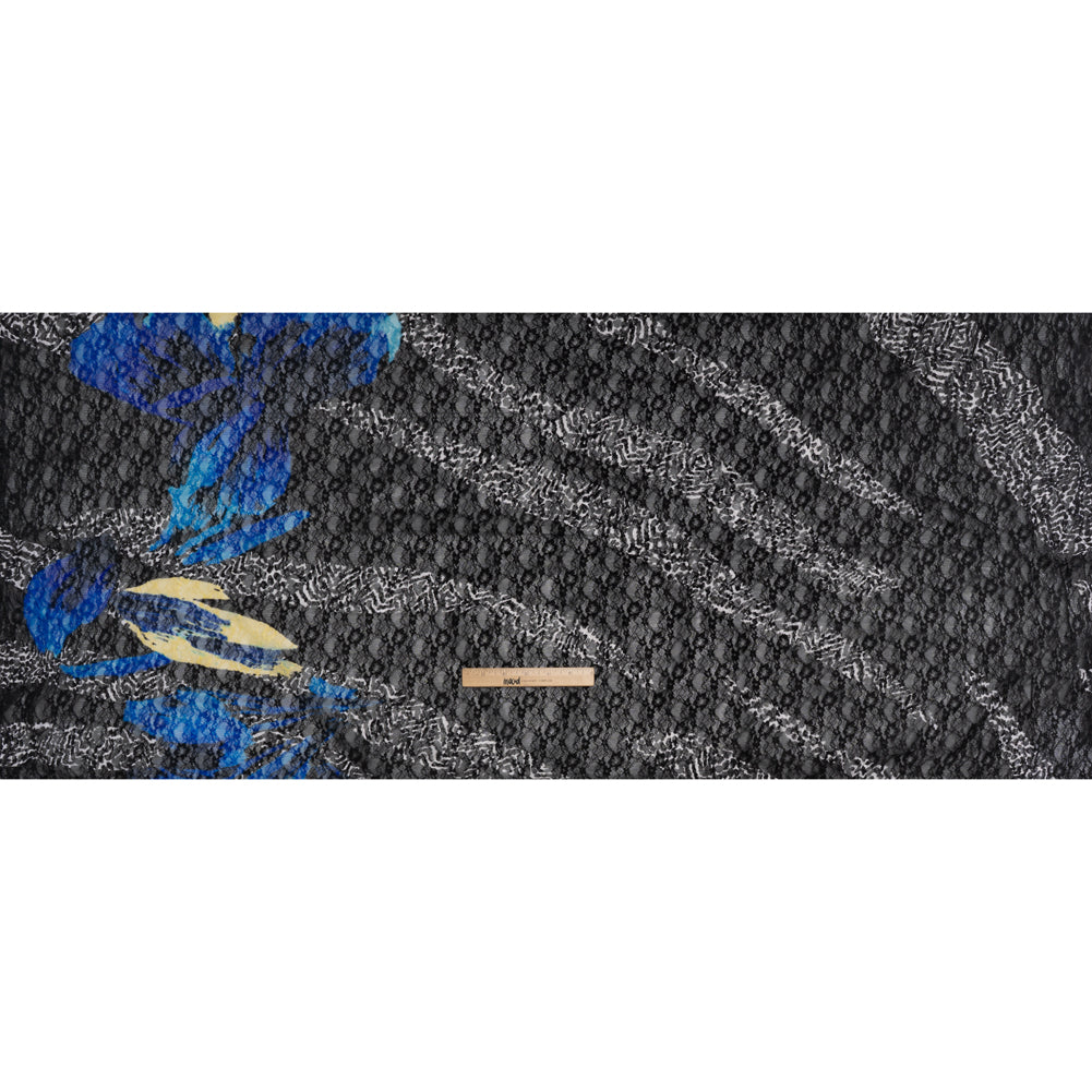 Stretch Polyester Lace Print - Black, White and Bright Blue Abstract Border and Stripes on Floral - Full