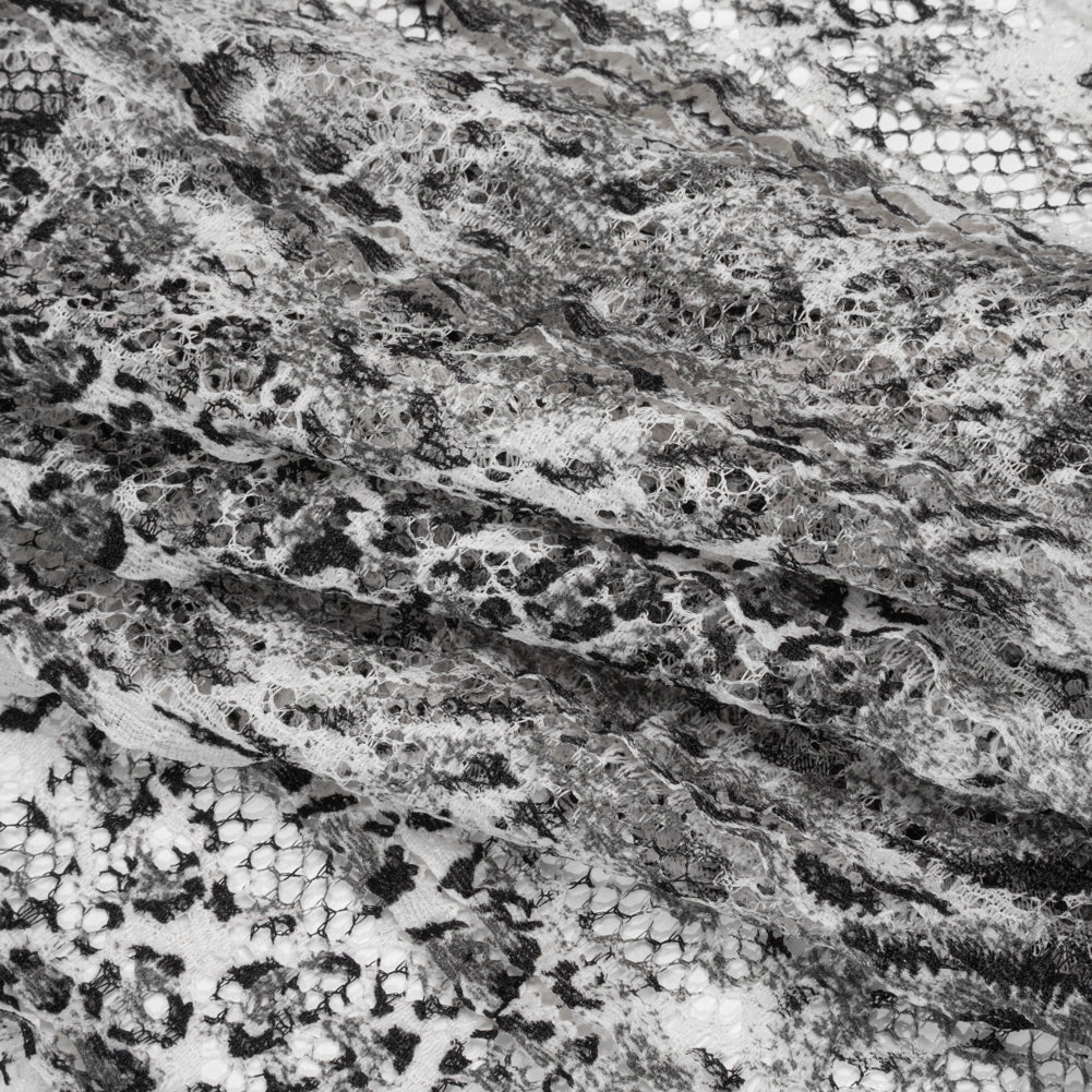 Ruffled Stretch Polyester Lace Print - Black, Gray and White Animal Print on Stripes - Folded