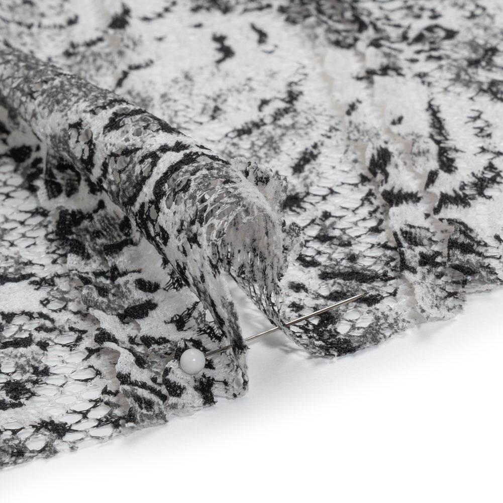 Ruffled Stretch Polyester Lace Print - Black, Gray and White Animal Print on Stripes - Detail