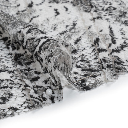 Ruffled Stretch Polyester Lace Print - Black, Gray and White Animal Print on Stripes