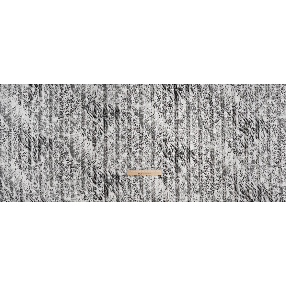 Ruffled Stretch Polyester Lace Print - Black, Gray and White Animal Print on Stripes - Full