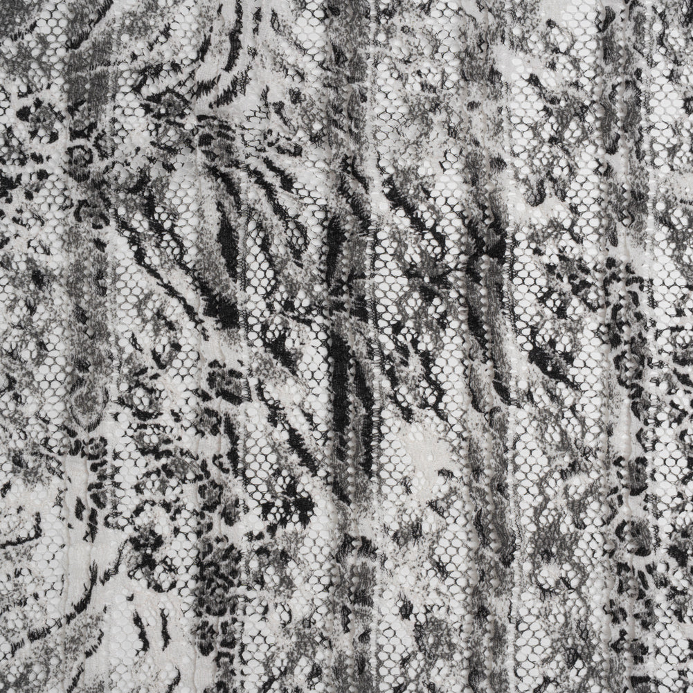 Ruffled Stretch Polyester Lace Print - Black, Gray and White Animal Print on Stripes