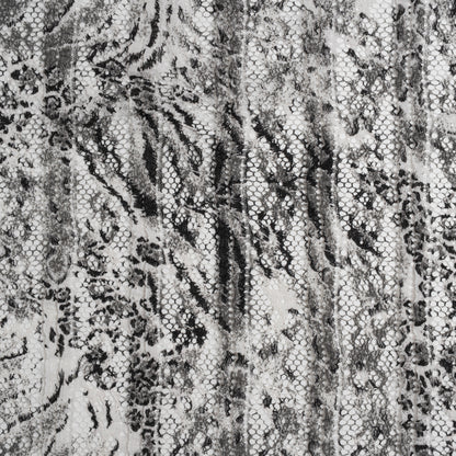 Ruffled Stretch Polyester Lace Print - Black, Gray and White Animal Print on Stripes