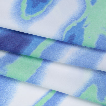Lightweight Stretch Polyester Crepe - Sky Blue, Bright Mint Green and White Abstract Brushstrokes