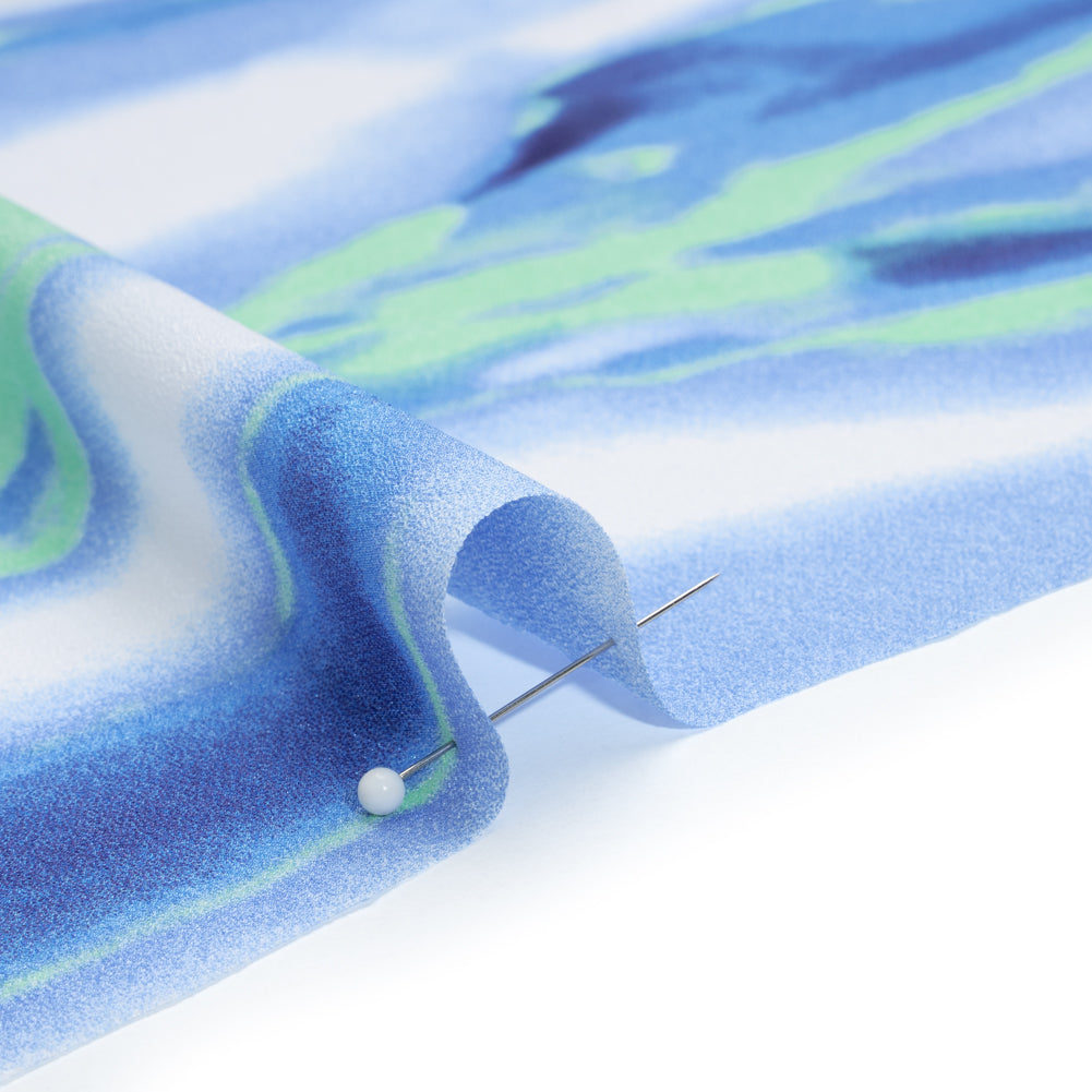Lightweight Stretch Polyester Crepe - Sky Blue, Bright Mint Green and White Abstract Brushstrokes - Detail