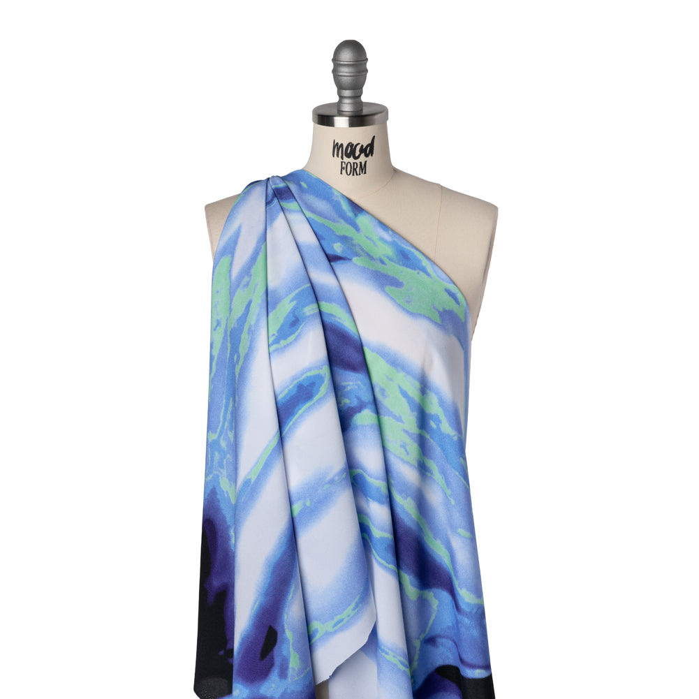 Lightweight Stretch Polyester Crepe - Sky Blue, Bright Mint Green and White Abstract Brushstrokes - Drape
