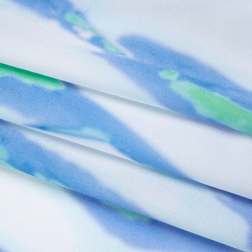 Lightweight Stretch Polyester Crepe - Sky Blue, Bright Mint Green and White Drippy Abstract - Folded