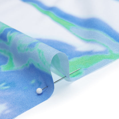 Lightweight Stretch Polyester Crepe - Sky Blue, Bright Mint Green and White Drippy Abstract