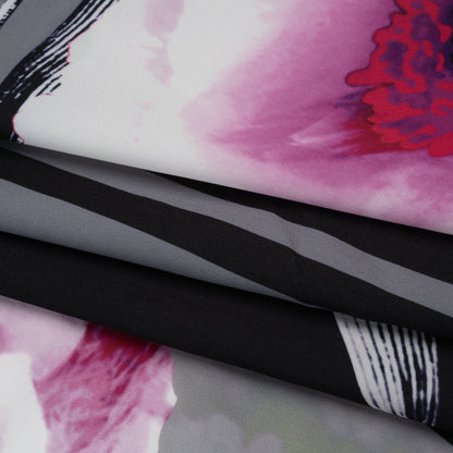 Stretch Polyester Crepe de Chine Print - Gray, Lemon Yellow and Pink Floral on Stripes