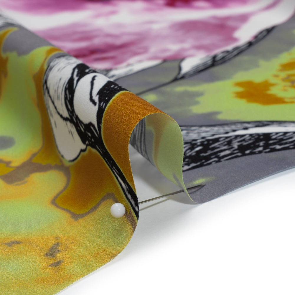 Stretch Polyester Crepe de Chine Print - Gray, Lemon Yellow and Pink Floral on Stripes - Detail