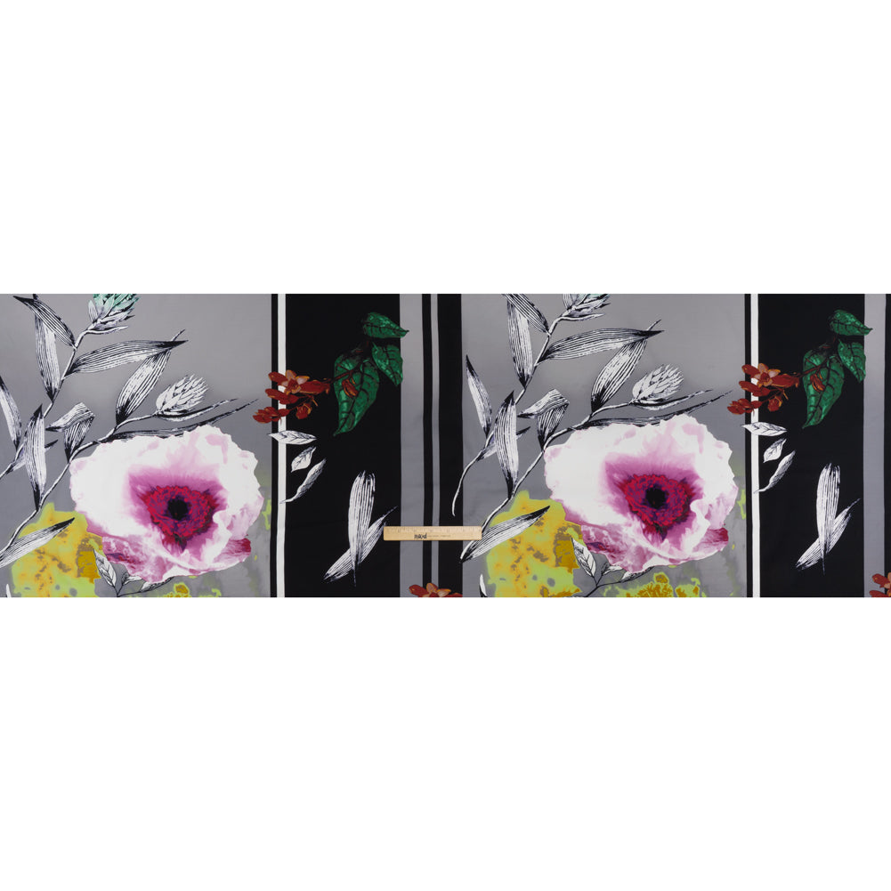 Stretch Polyester Crepe de Chine Print - Gray, Lemon Yellow and Pink Floral on Stripes - Full
