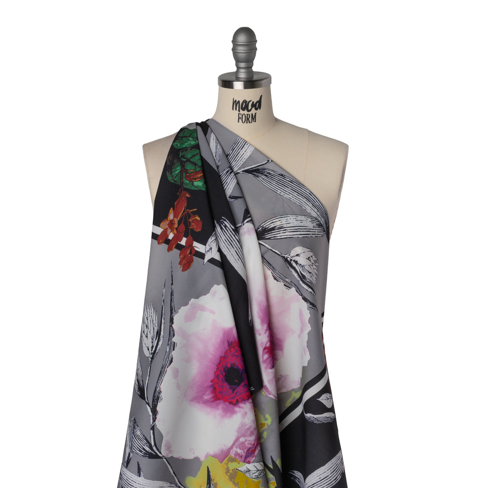 Stretch Polyester Crepe de Chine Print - Gray, Lemon Yellow and Pink Floral on Stripes - Drape