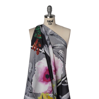 Stretch Polyester Crepe de Chine Print - Gray, Lemon Yellow and Pink Floral on Stripes