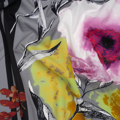Stretch Polyester Crepe de Chine Print - Gray, Lemon Yellow and Pink Floral on Stripes