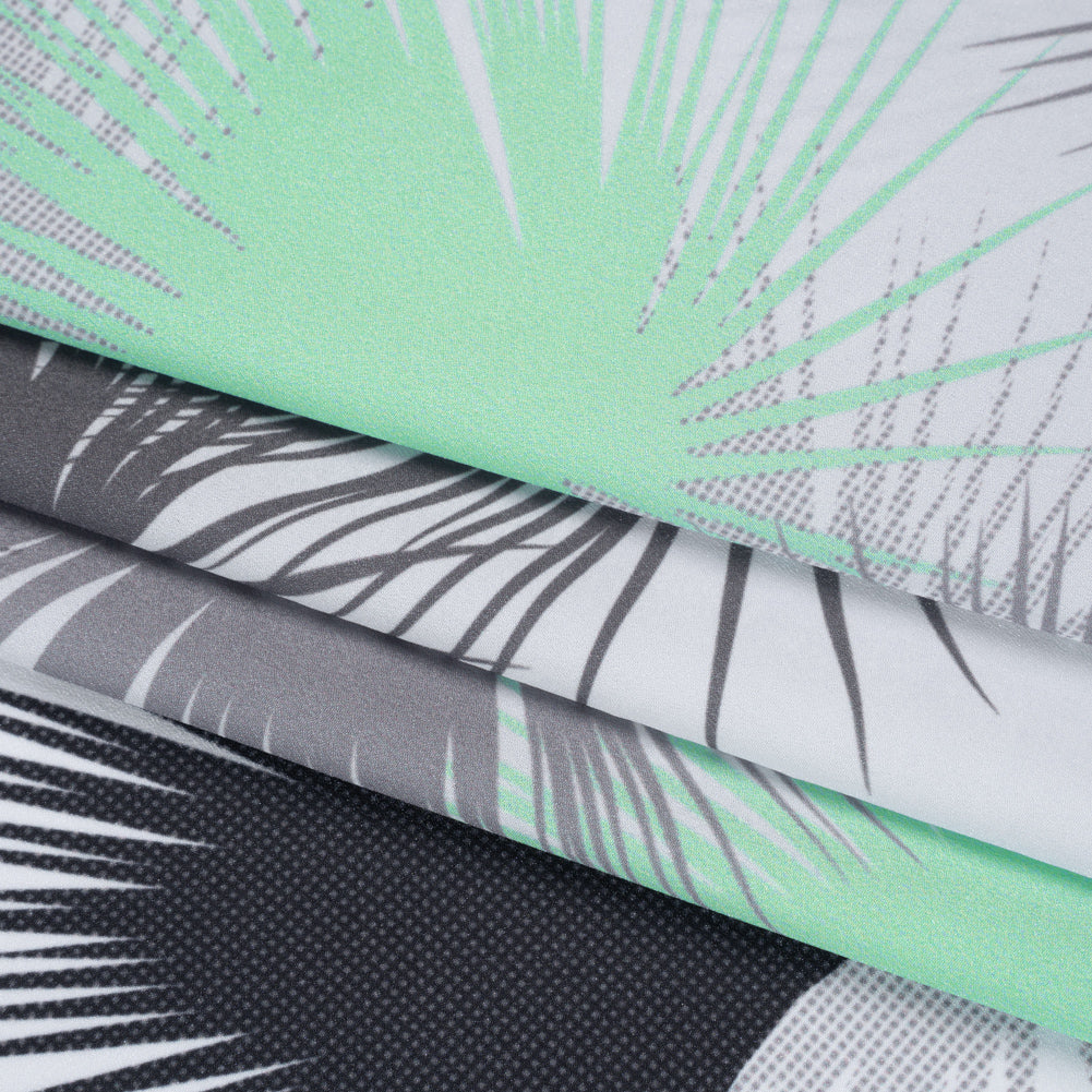 Lightweight Stretch Polyester Crepe - Black, Gray and Mint Green Palm Leaves - Folded