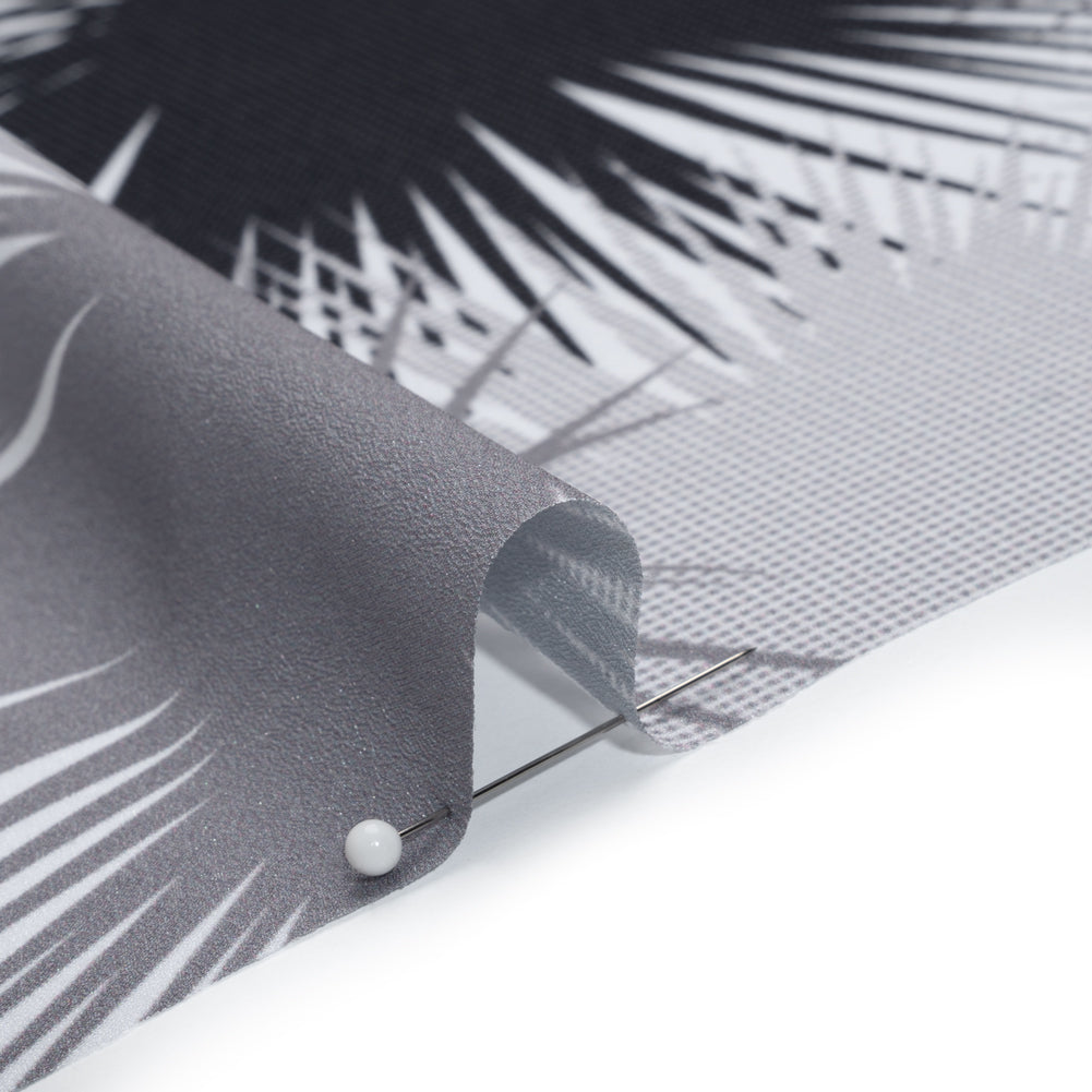 Lightweight Stretch Polyester Crepe - Black, Gray and Mint Green Palm Leaves - Detail