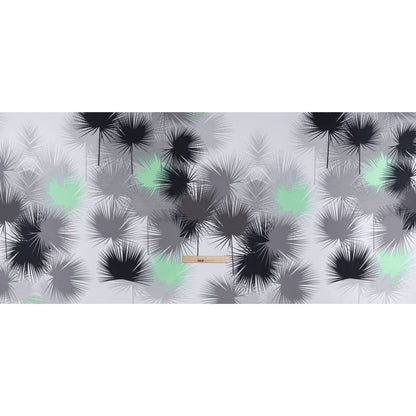 Lightweight Stretch Polyester Crepe - Black, Gray and Mint Green Palm Leaves