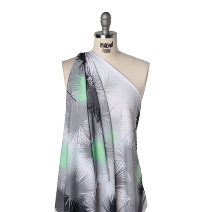 Lightweight Stretch Polyester Crepe - Black, Gray and Mint Green Palm Leaves