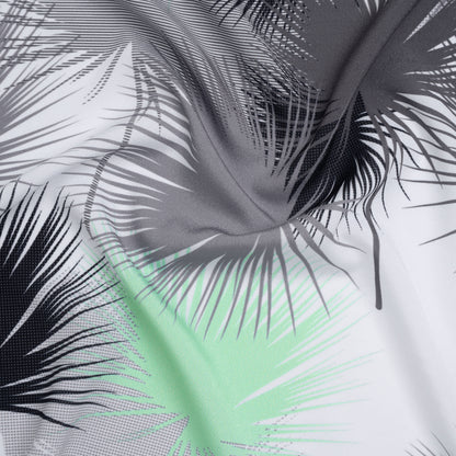 Lightweight Stretch Polyester Crepe - Black, Gray and Mint Green Palm Leaves