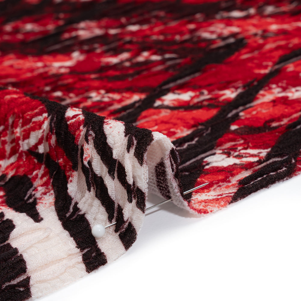 Slashed Ruffles Stretch Polyester Crepe Knit Print - Red and Black Abstract - Detail