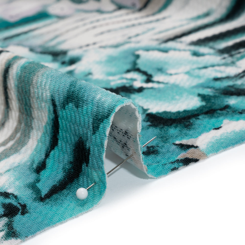 Puckered Stretch Polyester Crepe Double Knit - Teal, Taupe and Black Dripping Flowers Border - Detail