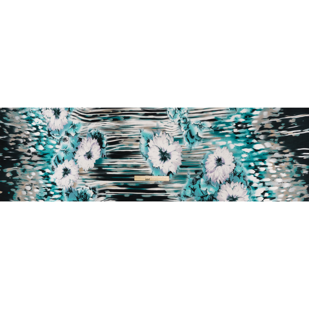 Puckered Stretch Polyester Crepe Double Knit - Teal, Taupe and Black Dripping Flowers Border - Full