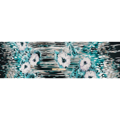 Puckered Stretch Polyester Crepe Double Knit - Teal, Taupe and Black Dripping Flowers Border
