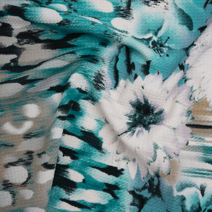 Puckered Stretch Polyester Crepe Double Knit - Teal, Taupe and Black Dripping Flowers Border