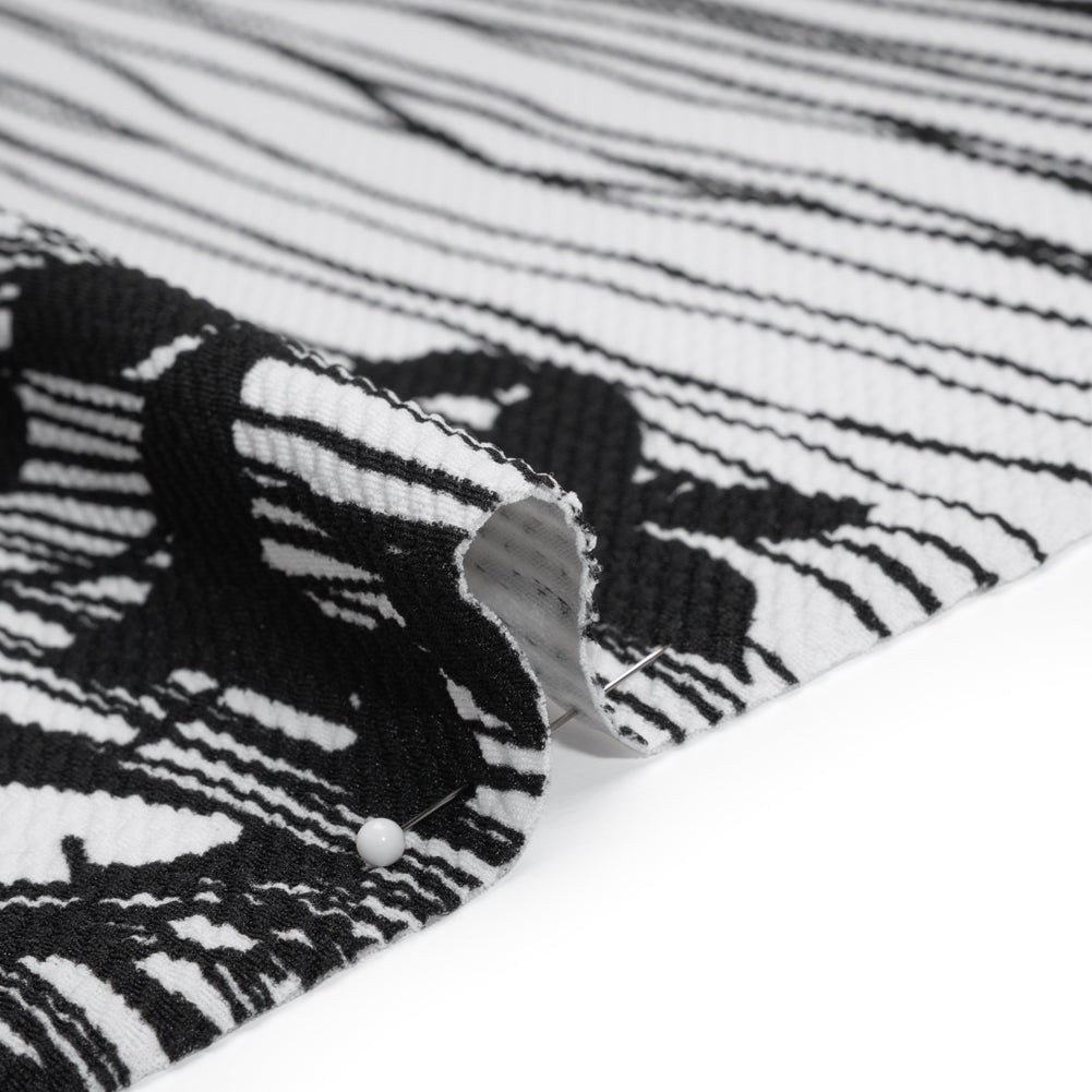 Puckered Stretch Polyester Crepe Double Knit - Black and White Flowers and Stems - Detail