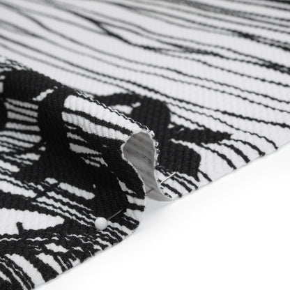 Puckered Stretch Polyester Crepe Double Knit - Black and White Flowers and Stems