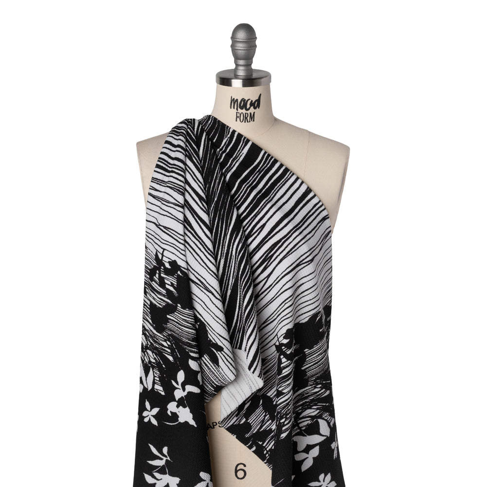 Puckered Stretch Polyester Crepe Double Knit - Black and White Flowers and Stems - Drape