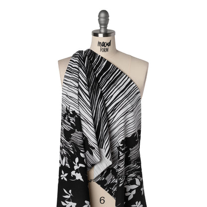 Puckered Stretch Polyester Crepe Double Knit - Black and White Flowers and Stems