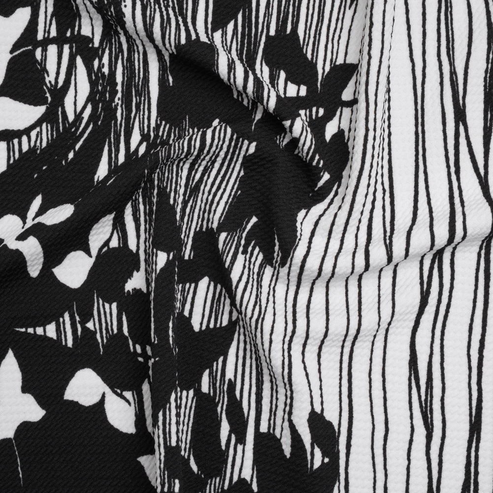 Puckered Stretch Polyester Crepe Double Knit - Black and White Flowers and Stems
