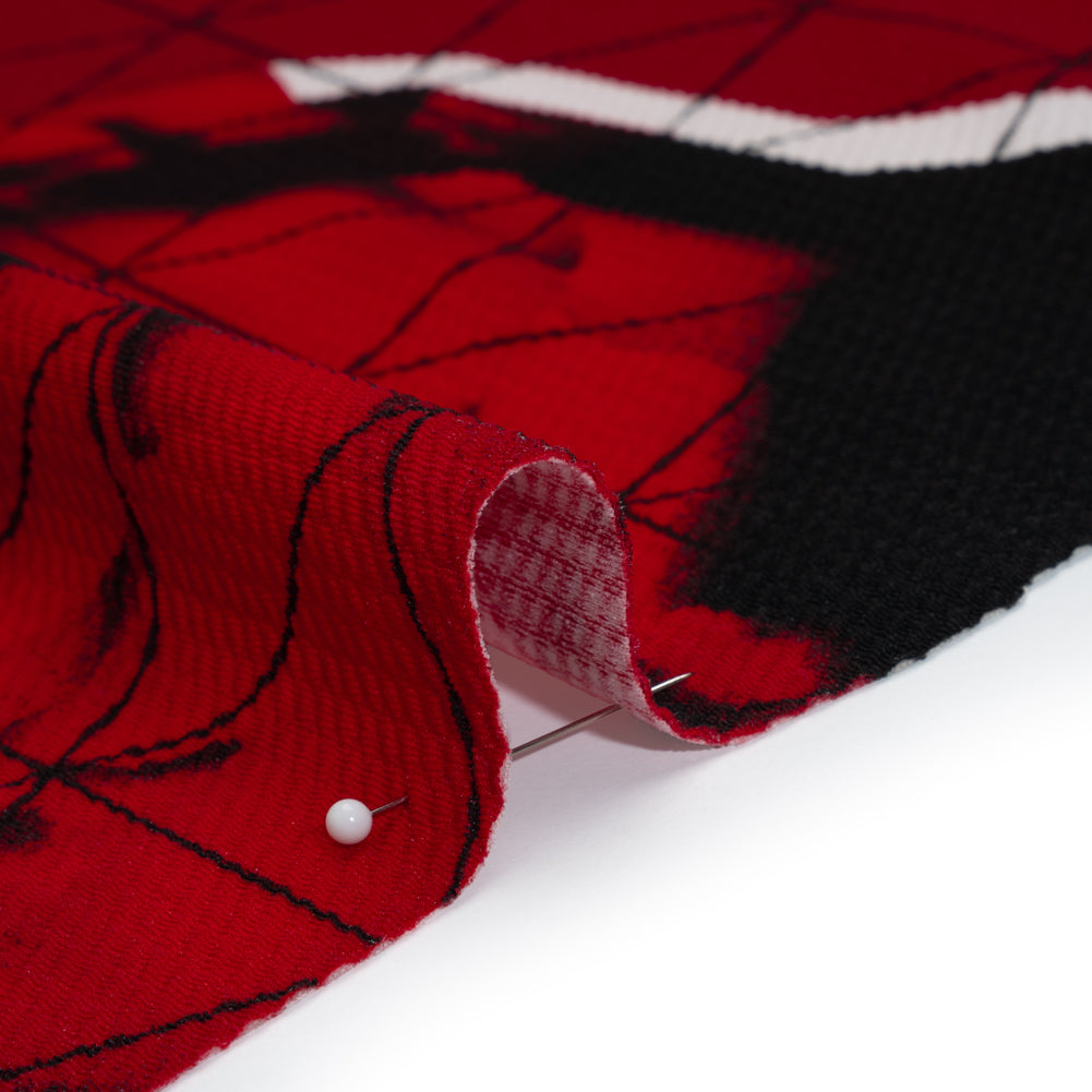 Puckered Stretch Polyester Crepe Double Knit - Red, Black and White Isometric Grid and Roses - Detail