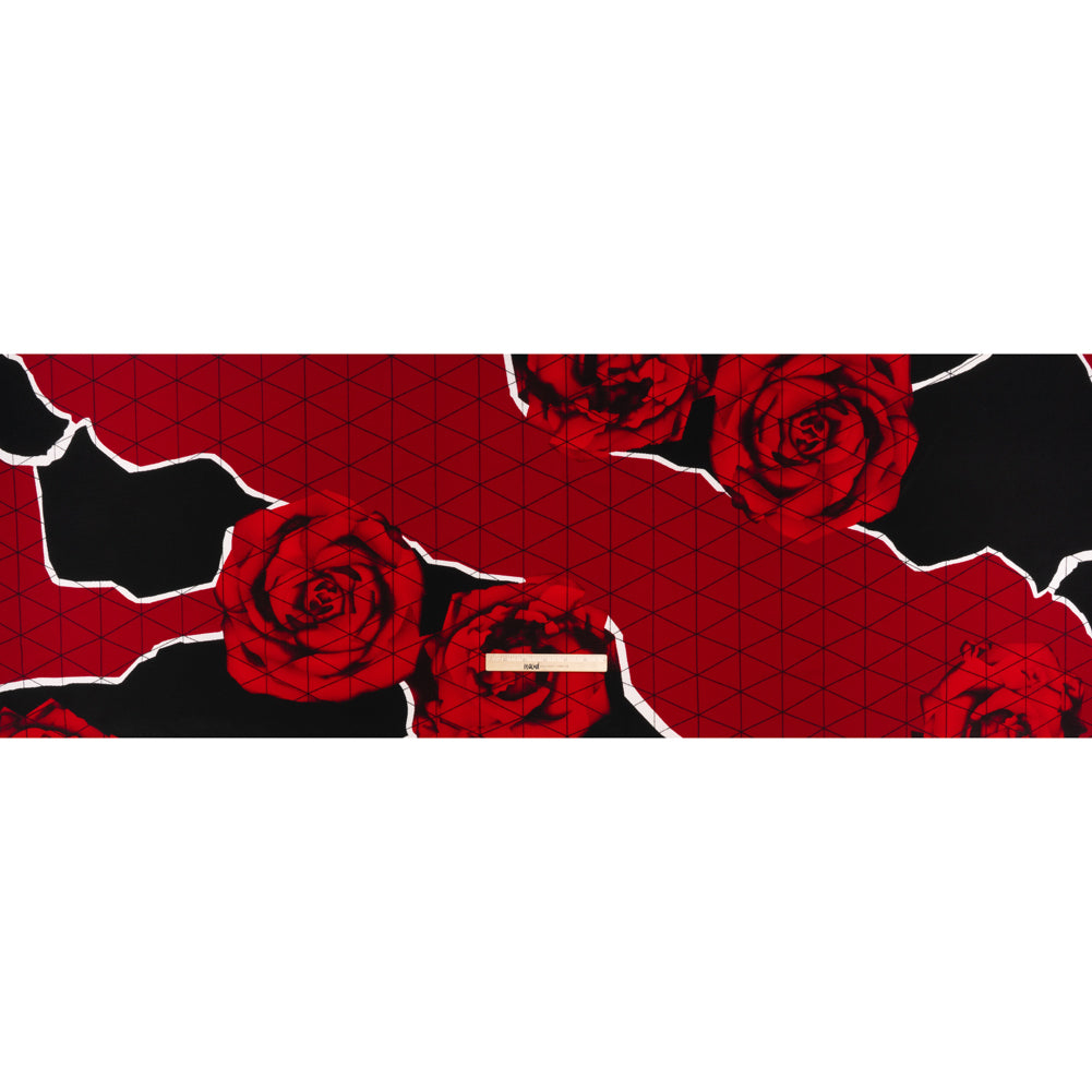 Puckered Stretch Polyester Crepe Double Knit - Red, Black and White Isometric Grid and Roses - Full
