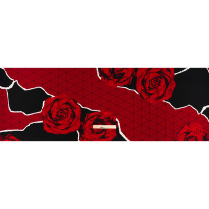 Puckered Stretch Polyester Crepe Double Knit - Red, Black and White Isometric Grid and Roses