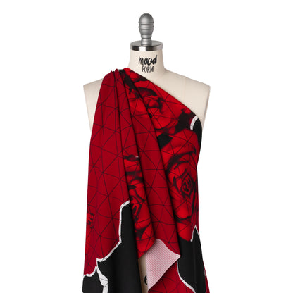 Puckered Stretch Polyester Crepe Double Knit - Red, Black and White Isometric Grid and Roses