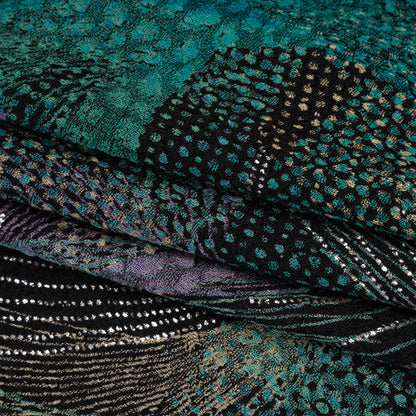 Stretch Polyester Jacquard Double Knit with Metallic Foiling - Teal, Purple and Black Abstract Swishes