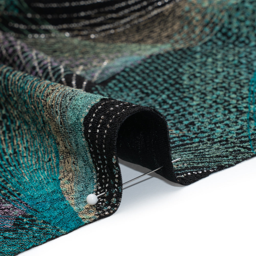 Stretch Polyester Jacquard Double Knit with Metallic Foiling - Teal, Purple and Black Abstract Swishes - Detail